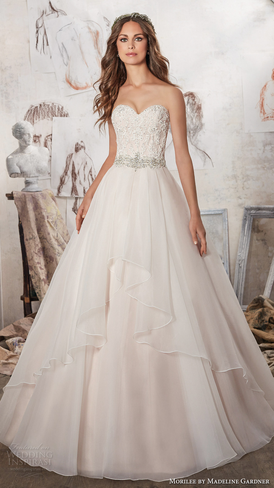 morilee spring 2017 bridal strapless sweetheart neckline heavily embellished bodice layer skirt blush color romantic a  line wedding dress chapel train (5511) mv