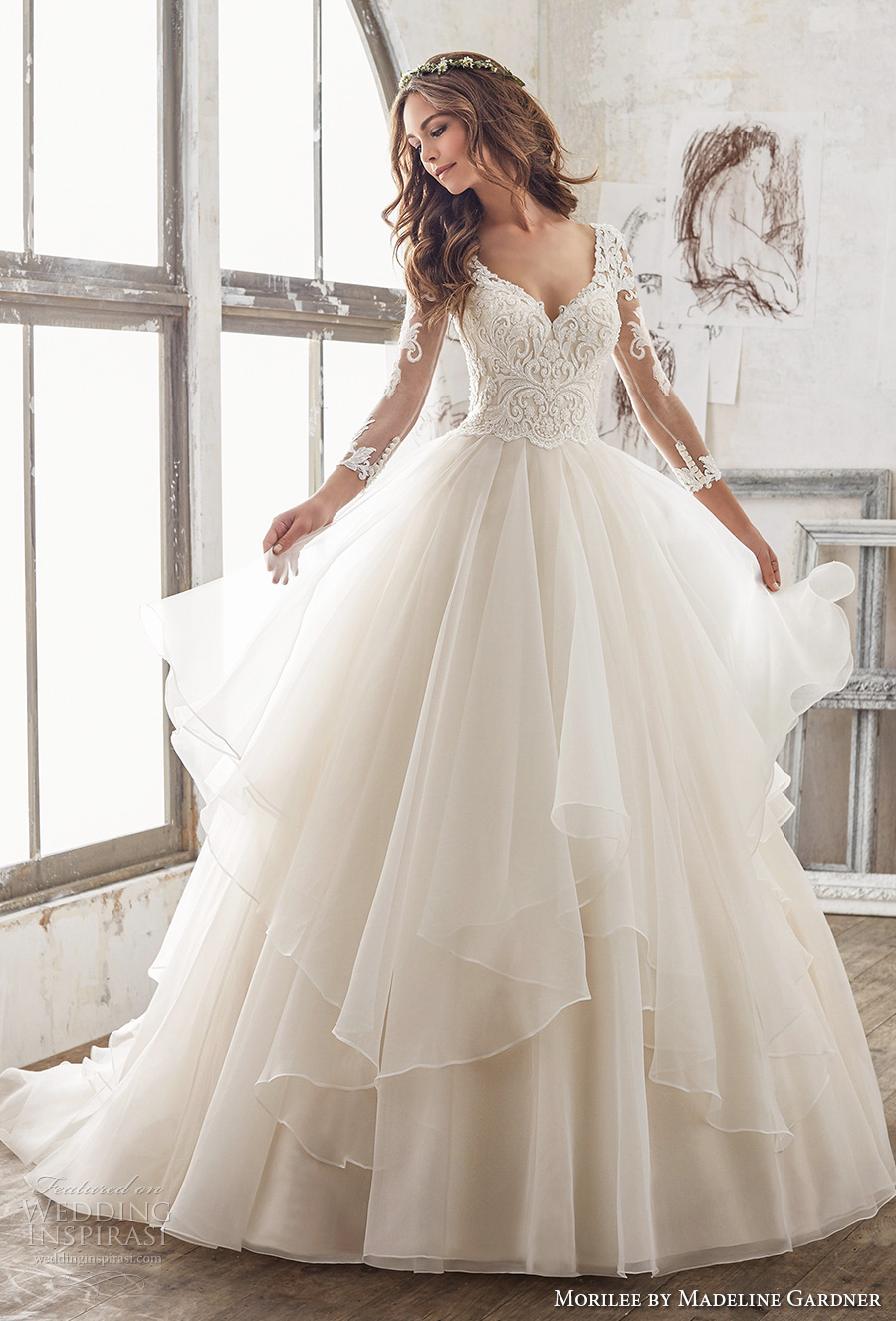 morilee spring 2017 bridal three quarter sleeves sweetheart neckline heavily embellished bodice layer skirt princess ball gown a  line wedding dress sheer keyhole back chapel train (5517) mv