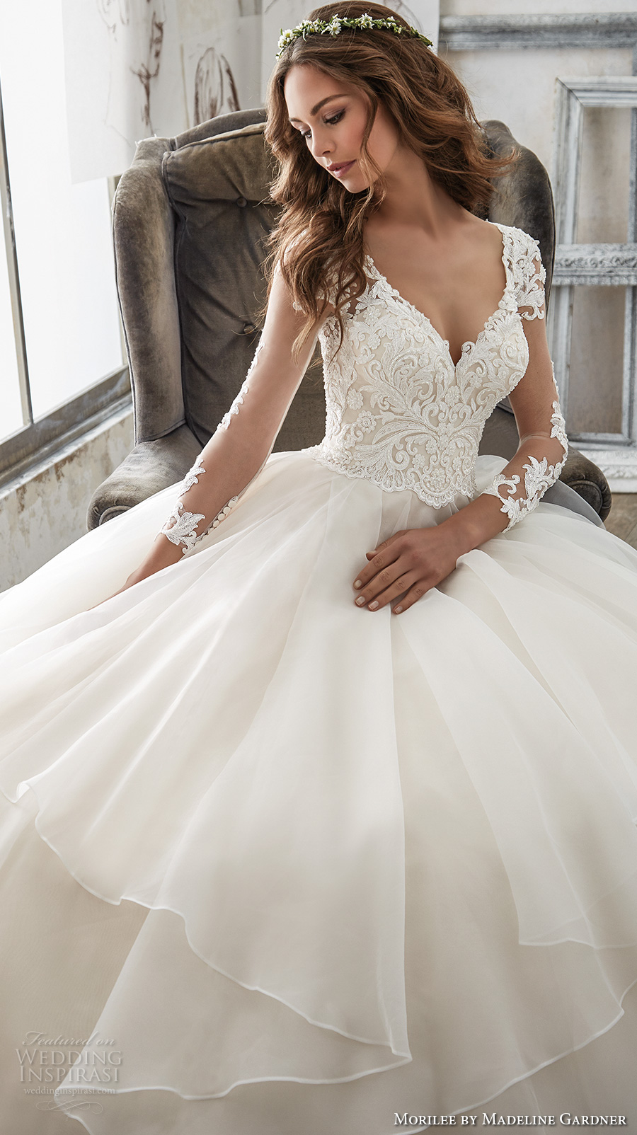 morilee spring 2017 bridal three quarter sleeves sweetheart neckline heavily embellished bodice layer skirt princess ball gown a  line wedding dress sheer keyhole back chapel train (5517) zv