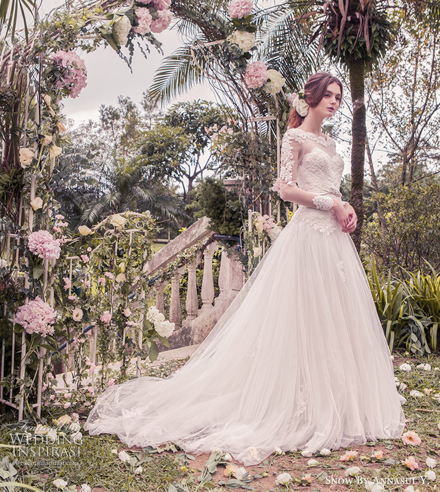 snow annasul y 2017 bridal (sa3253b) long sleeves illusion bateau sweetheart lace bodice ball gown wedding dress mv romantic