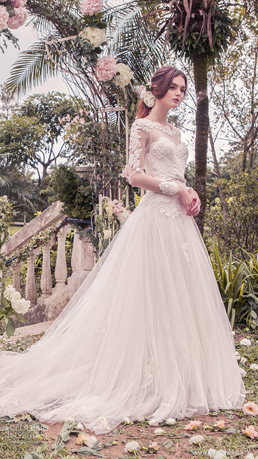 snow annasul y 2017 bridal (sa3253b) long sleeves illusion bateau sweetheart lace bodice ball gown wedding dress zv romantic