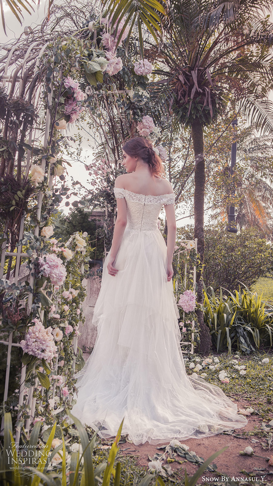 snow annasul y 2017 bridal (sa3257b) off shoulder sweetheart lace bodice tiered skirt a line wedding dress bv train