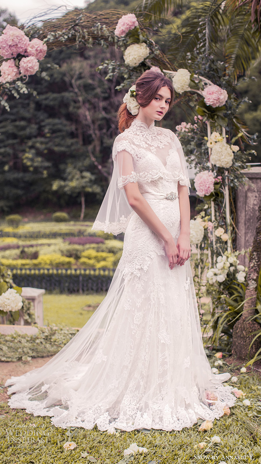 snow annasul y 2017 bridal (sa3265b with cape) cap sleeves illusion bateau neck sweetheart trumpet lace wedding dress mv