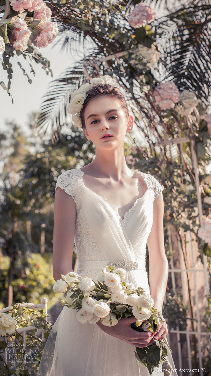 snow annasul y 2017 bridal (sa3350b) lace cap sleeves sweetheart surplice pleated bodice a line wedding dress zv