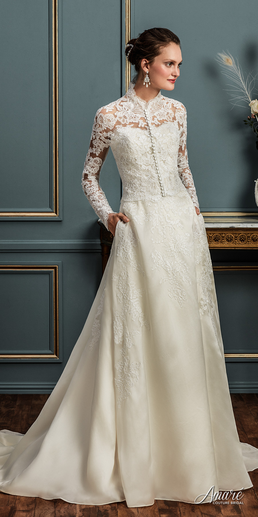 amare couture spring 2017 bridal long sleeves high neck heavily embellished bodice elegant conservative a  line wedding dress with pockets covered lace back chapel train (aurelia) mv fv