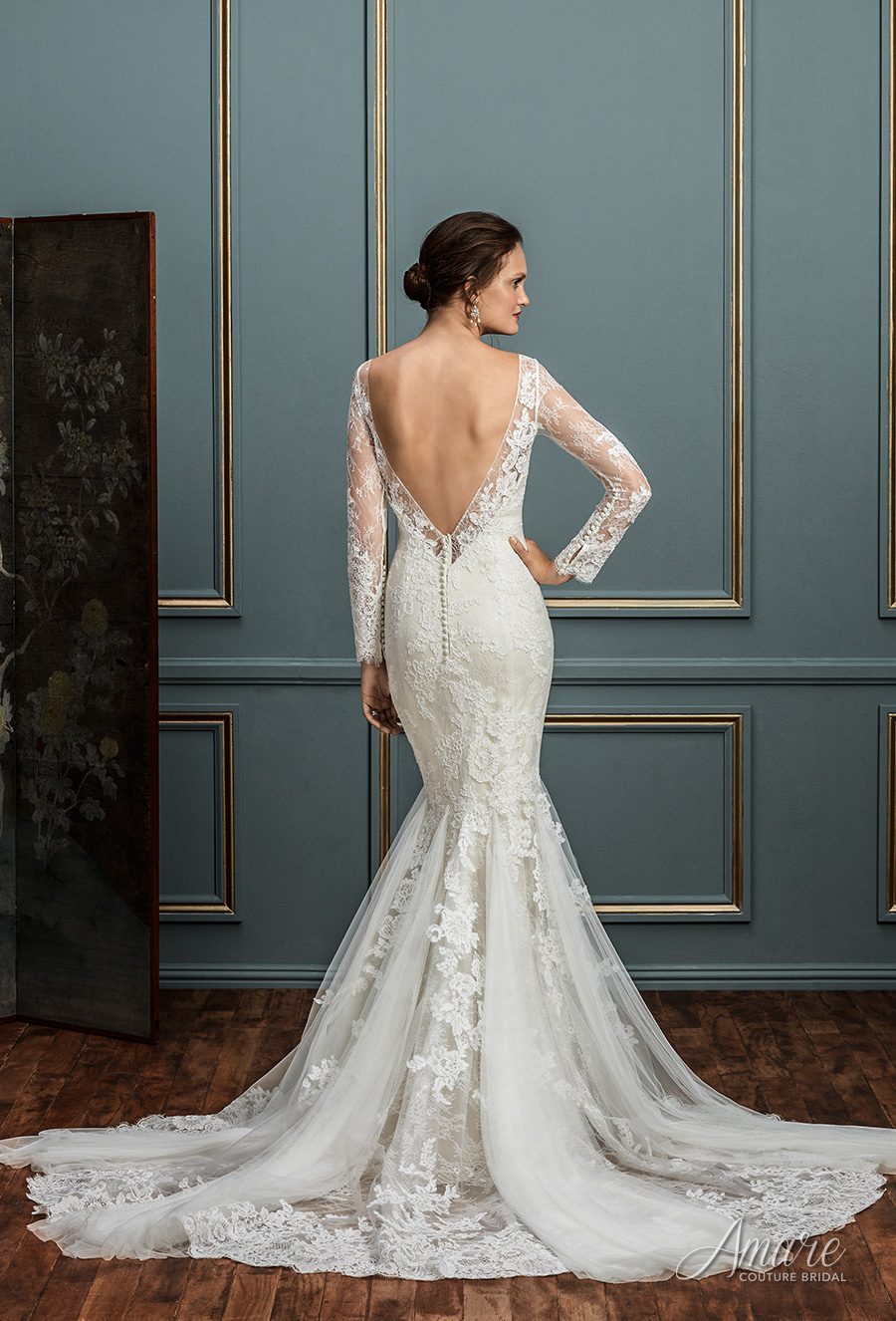amare couture spring 2017 bridal long sleeves illusion bateau sweetheart neckine full embellishment elegant fit and flare mermaid wedding dress open v back chapel train (elodie) bv