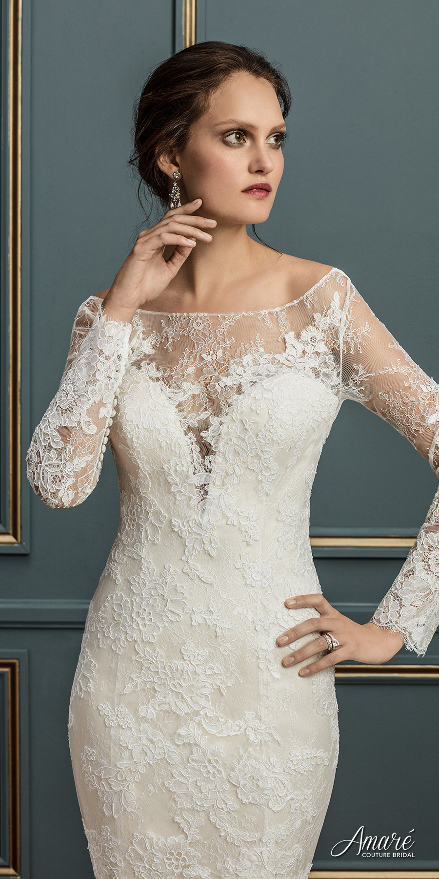 amare couture spring 2017 bridal long sleeves illusion bateau sweetheart neckine full embellishment elegant fit and flare mermaid wedding dress open v back chapel train (elodie) zv