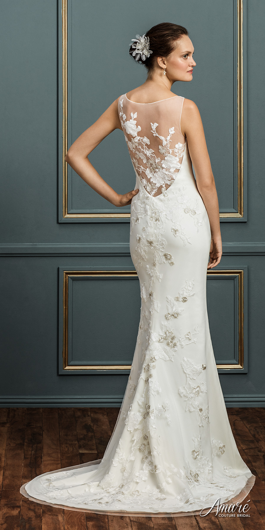 amare couture spring 2017 bridal sleeveless bateau neck simple clean elegant fit and flare wedding dress sheer lace back sweep train (kennedy) bv