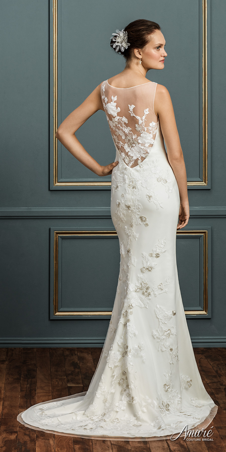 amare couture spring 2017 bridal sleeveless bateau neck simple clean elegant fit and flare wedding dress sheer lace back sweep train (kennedy) bv