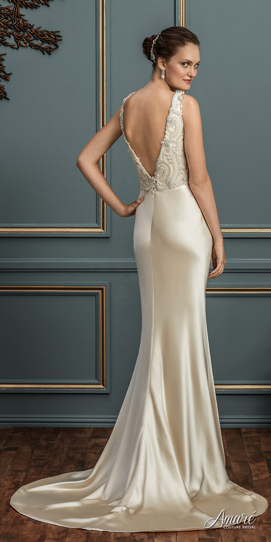 amare couture spring 2017 bridal sleeveless deep v neck heavily embellished bodice satin skirt elegant glamorous sheath wedding dress chapel train open v back chapel train (charlotte) bv