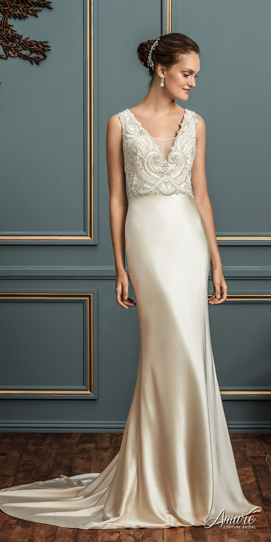 amare couture spring 2017 bridal sleeveless deep v neck heavily embellished bodice satin skirt elegant glamorous sheath wedding dress chapel train open v back chapel train (charlotte) mv