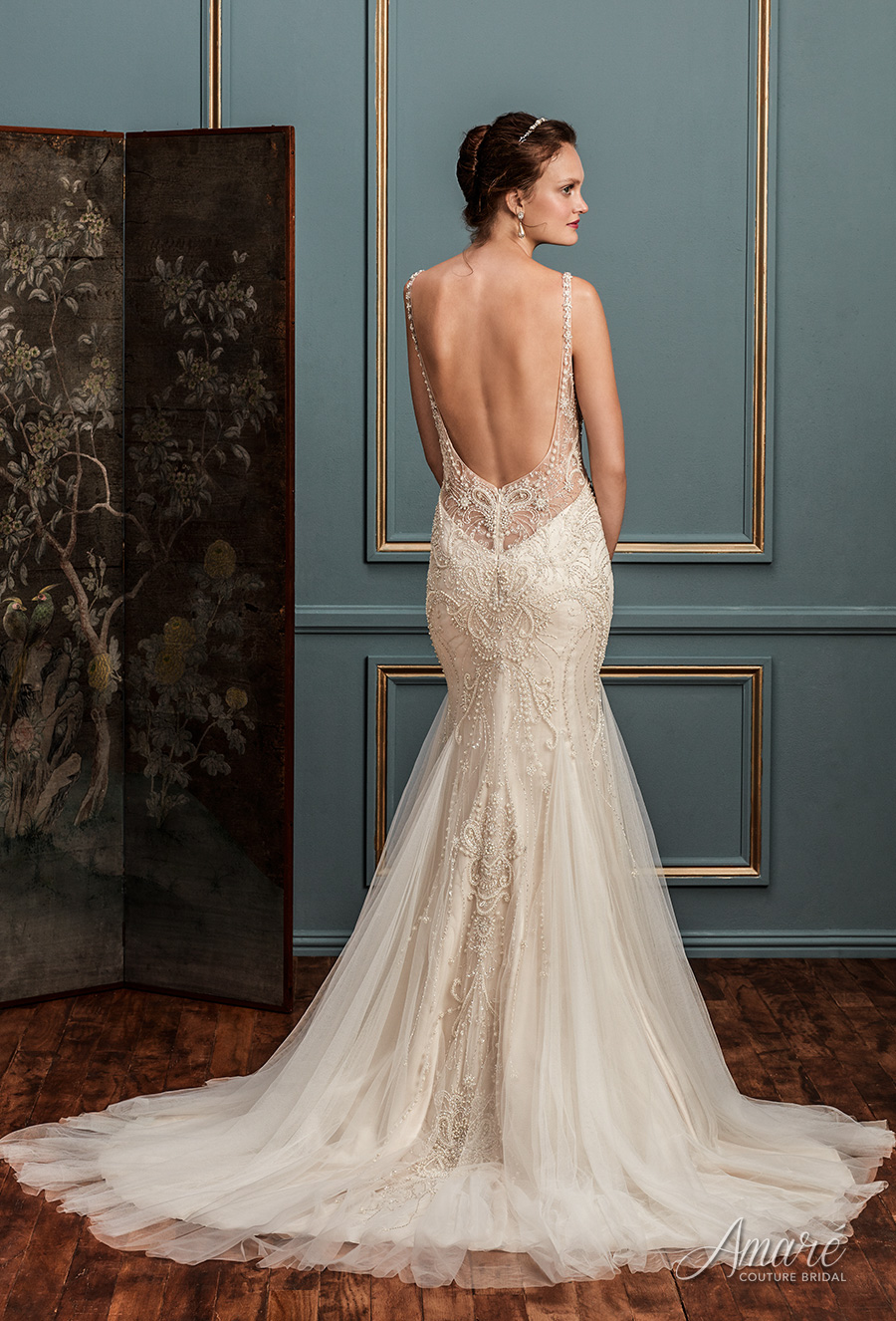 amare couture spring 2017 bridal thin strap illusion scoop sweetheart neckline heavily embellished bodice elegant glamorous fit and flare wedding dress open back chapel train (evangeline) bv