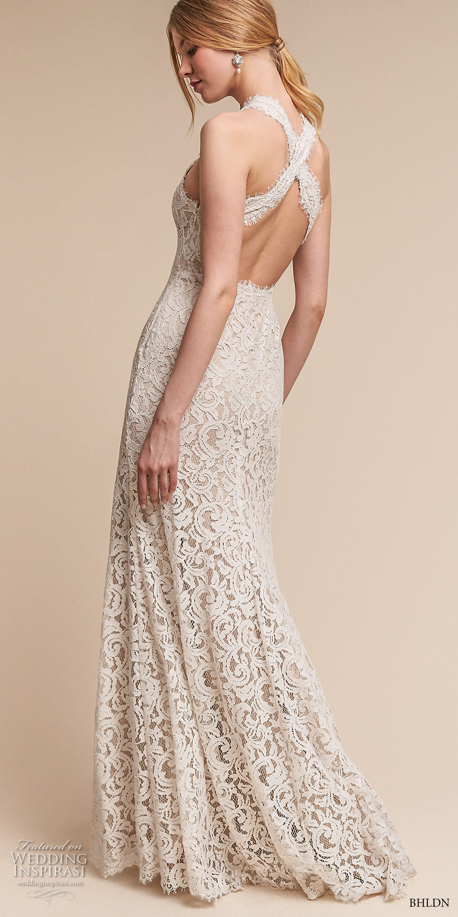 bhldn spring 2017 bridal sleeveless halter v neck full embellishment elegant sheath wedding dress cross strap back sweep train (cheyenne) bv