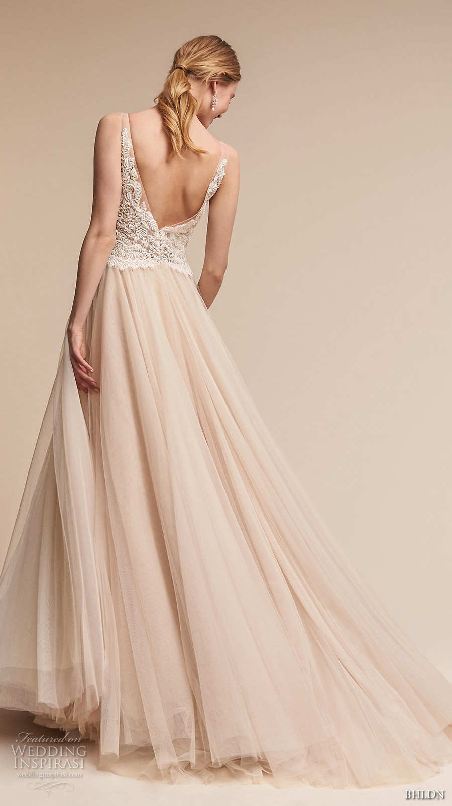 bhldn spring 2017 bridal sleeveless v neck heavily embellished bodice tulle skirt romantic princess blush color wedding dress open v back chapel train (chantal) bv