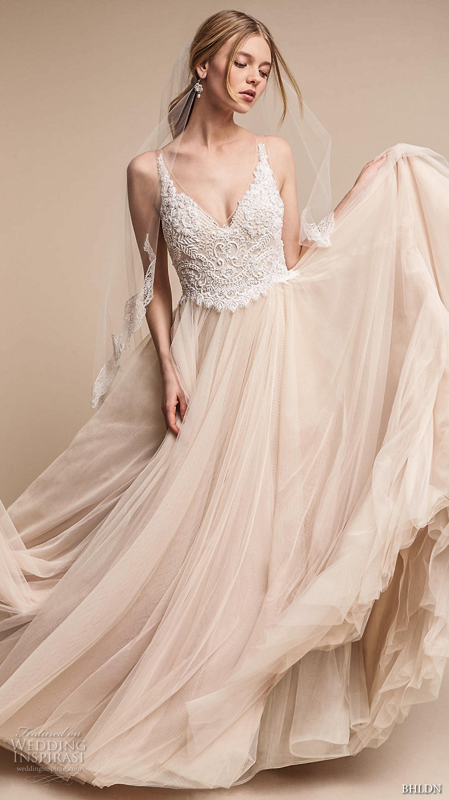 bhldn spring 2017 bridal sleeveless v neck heavily embellished bodice tulle skirt romantic princess blush color wedding dress open v back chapel train (chantal) mv 