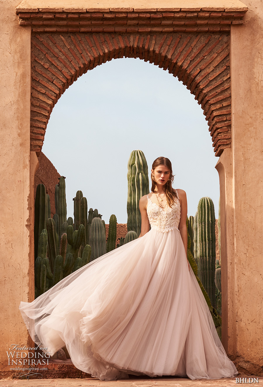 bhldn spring 2017 bridal sleeveless v neck heavily embellished bodice tulle skirt romantic princess blush color wedding dress open v back chapel train (chantal) mv