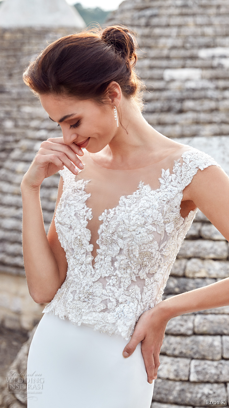eddy k 2018 bridal cap sleeves deep plunging v neck heavily embellished bodice elegant glamorous sheath wedding dress short train (ottavia) zv