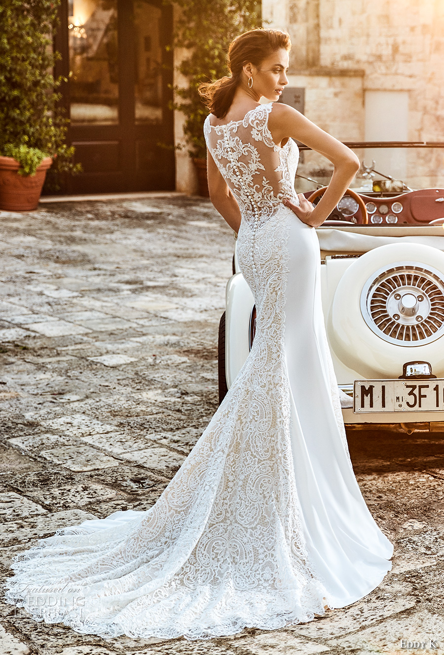 eddy k 2018 bridal sleeveless lace strap sweetheart neckline heavily embellished bodice elegant sheath wedding dress covered lace back chapel train (mara) bv