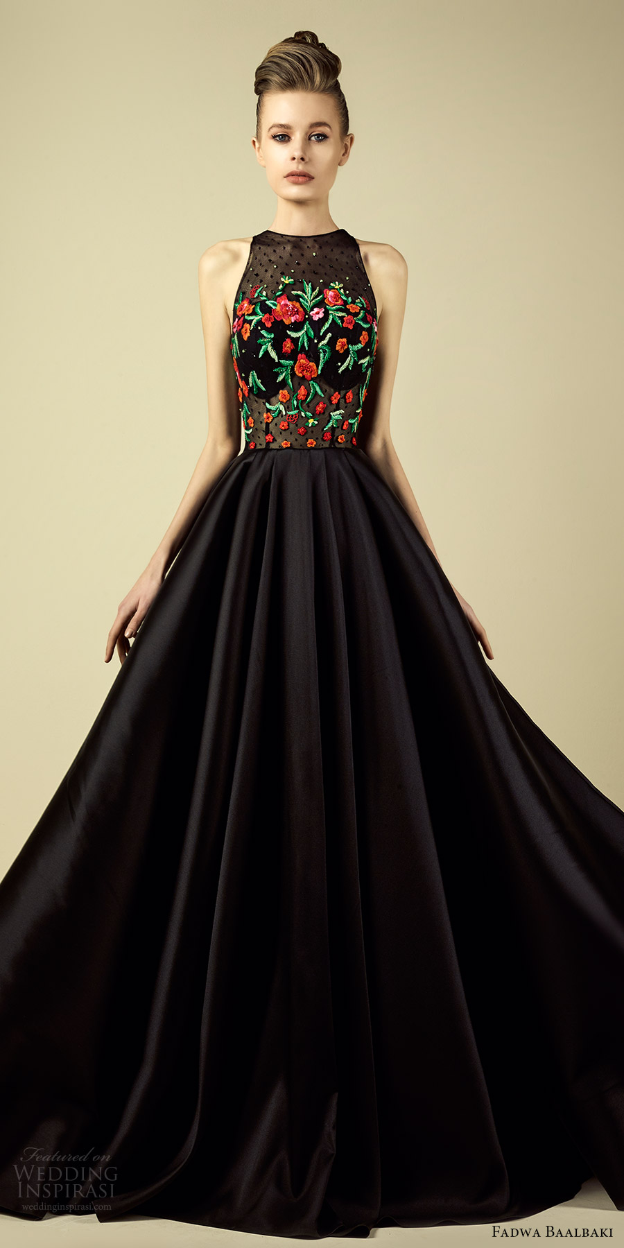 fadwa baalbaki spring 2017 couture sleeveless high nek embroidered bodice a line black dress (10) mv