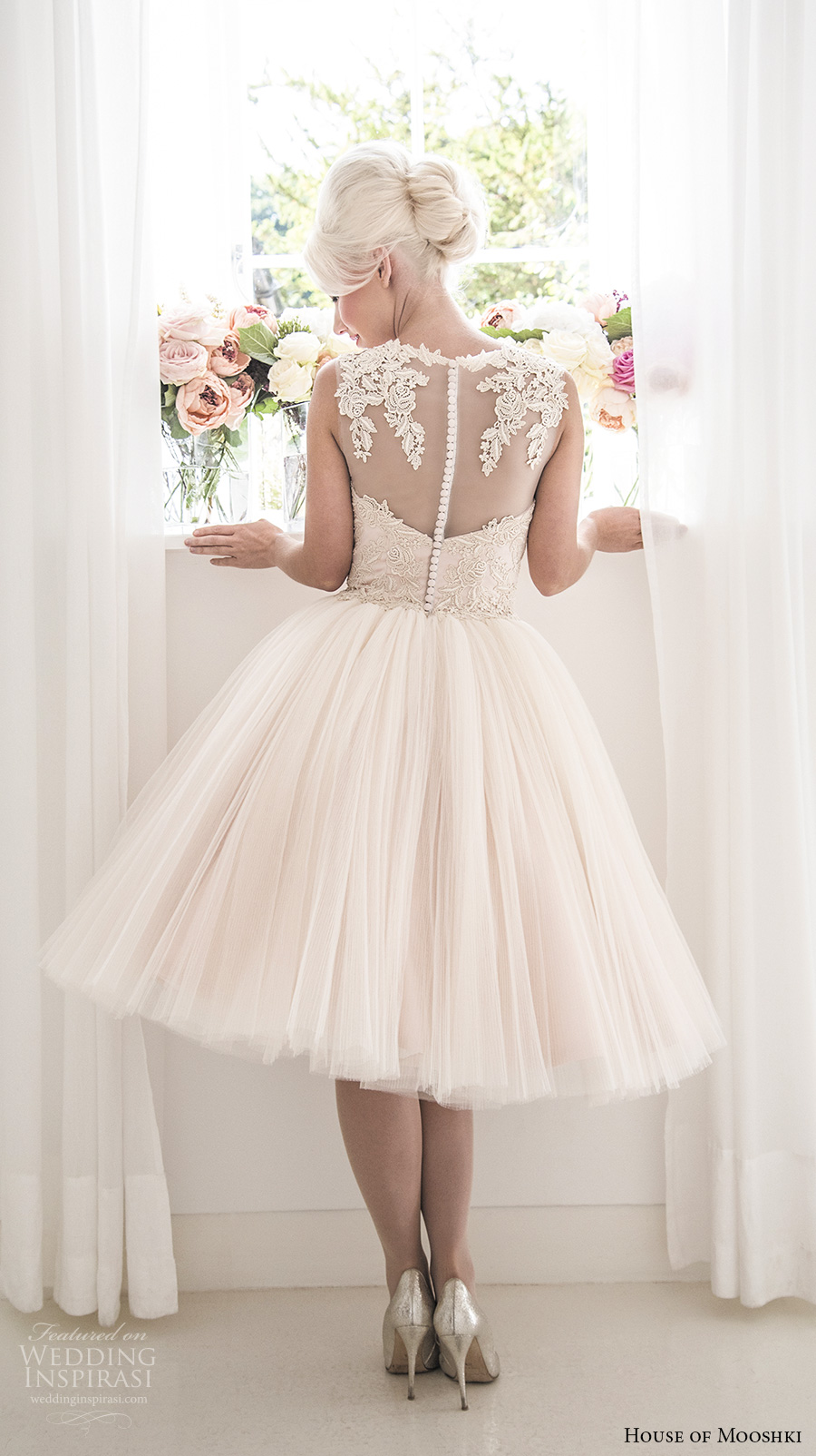 house of mooshki 2017 bridal sleeveless illusion bateau semi sweetheart neckline heavily embellished bodice pleated skirt knee length blush color short wedding dress lace back (rosie) bv