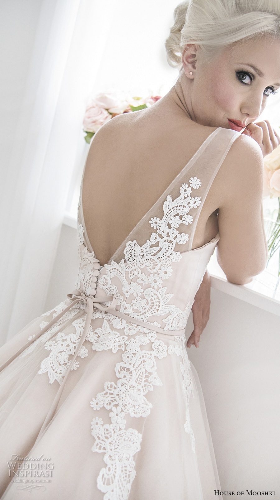 house of mooshki 2017 bridal sleeveless v neck heavily embellished bodice romantic pink color tea length short wedding dress open v back (isadora) zbv