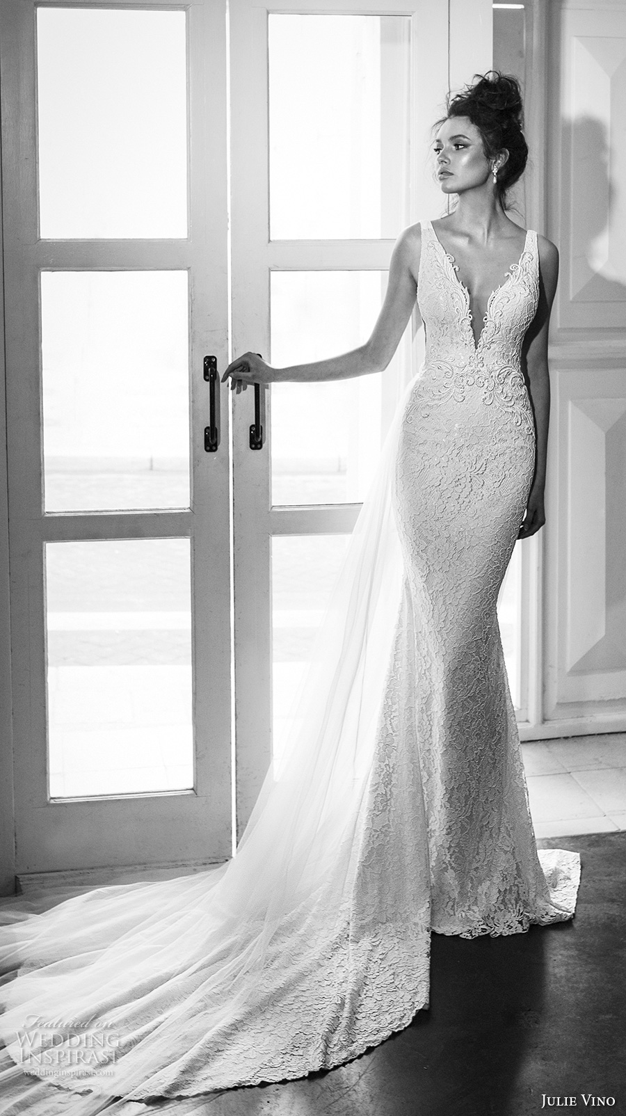 julie vino 2017 bridal sleeveless deep plunging v neck full embellishment elegant fit and flare wedding dress chapel train (1260) mv