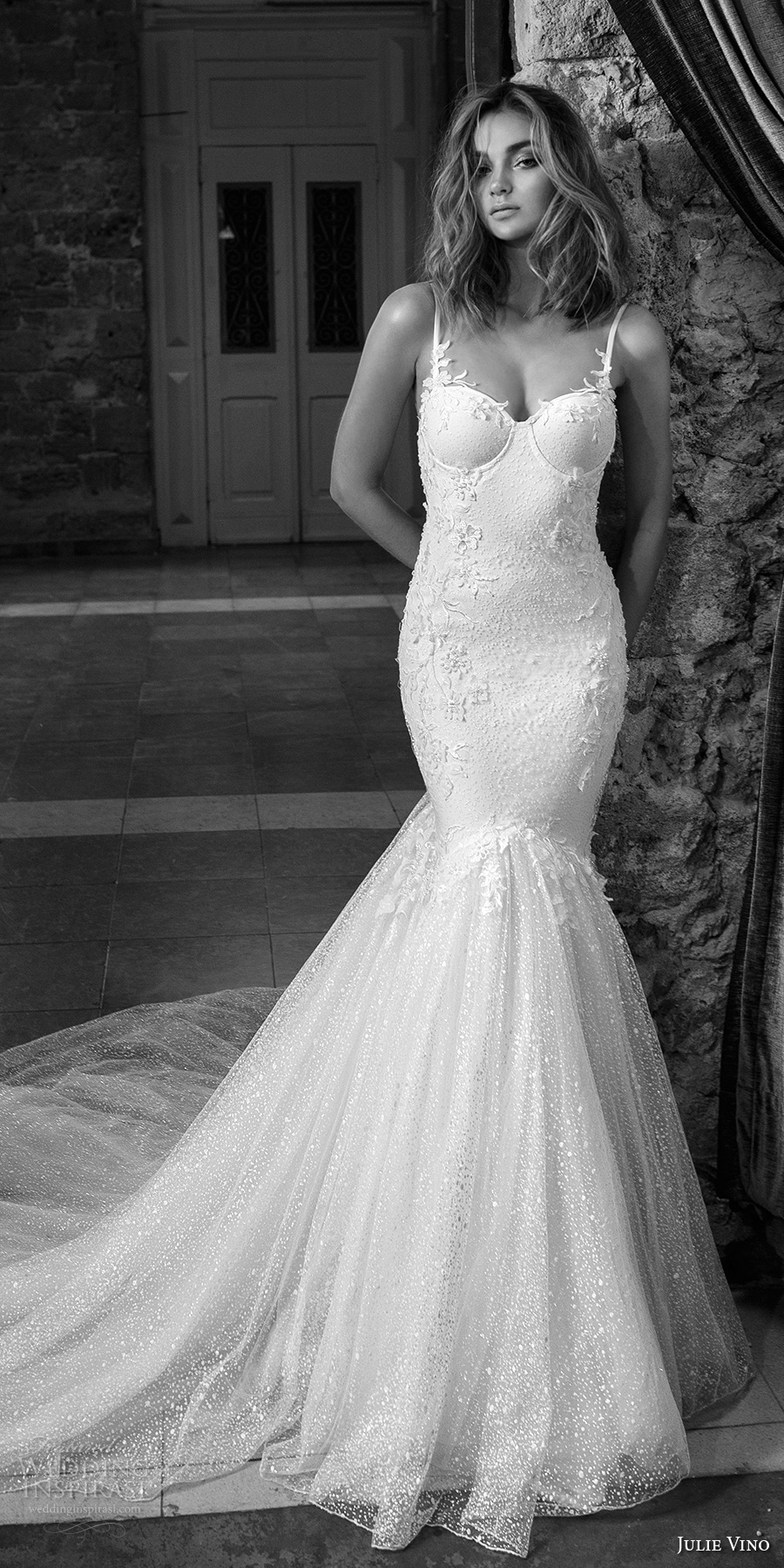 julie vino 2017 bridal spagetti strap sweetheart neckline heavily embellished bodice sexy mermaid wedding dress open low back chapel train (1252) mv