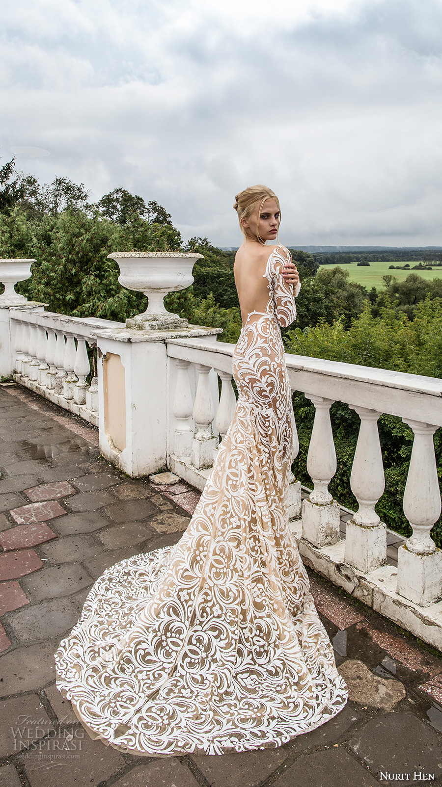 nurit hen 2017 bridal long sleeves deep plunging sweetheart neckline full embellishment galmorous sexy ivory color sheath wedding dress open back chapel train (8) bv