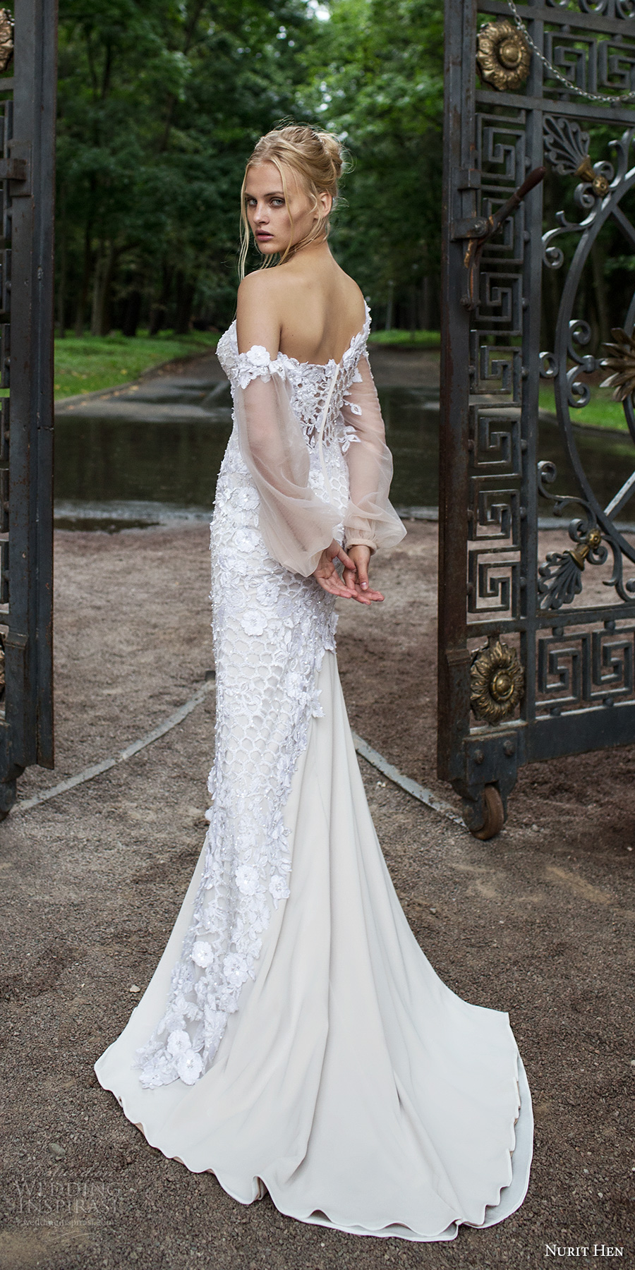 nurit hen 2017 bridal long sleeves one shoulder heavily embellished bodice elegant side slit  sheath wedding dress sweep train (21) bv