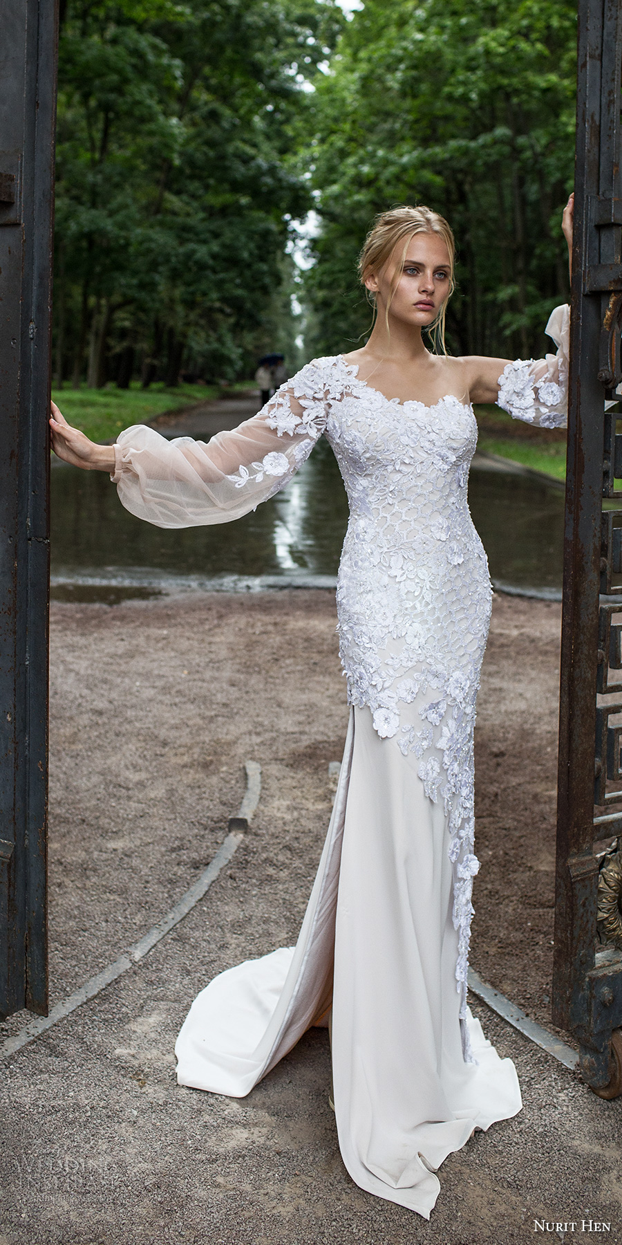 nurit hen 2017 bridal long sleeves one shoulder heavily embellished bodice elegant side slit  sheath wedding dress sweep train (21) mv