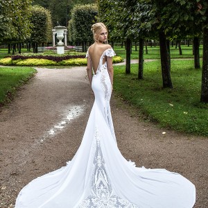 nurit hen 2017 bridal off the shoulder short sleeves deep plunging v neckline heavily embellished bodice elegant fit and flare wedding dress open v back royal train (6) bv
