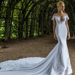 nurit hen 2017 bridal off the shoulder short sleeves deep plunging v neckline heavily embellished bodice elegant fit and flare wedding dress open v back royal train (6) mv