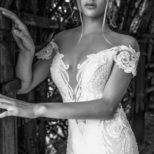 nurit hen 2017 bridal off the shoulder short sleeves deep plunging v neckline heavily embellished bodice elegant fit and flare wedding dress open v back royal train (6) zv