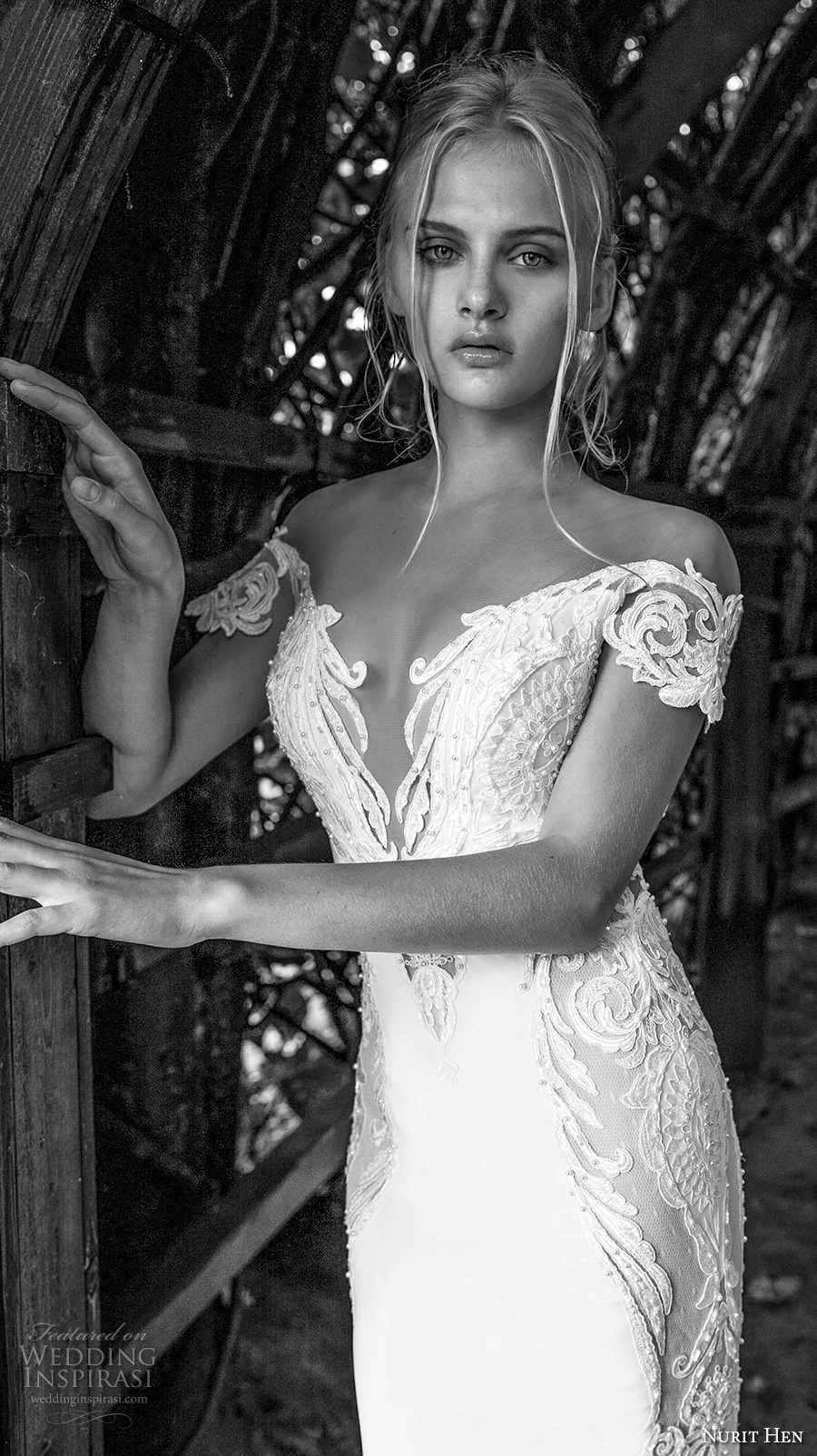 nurit hen 2017 bridal off the shoulder short sleeves deep plunging v neckline heavily embellished bodice elegant fit and flare wedding dress open v back royal train (6) zv