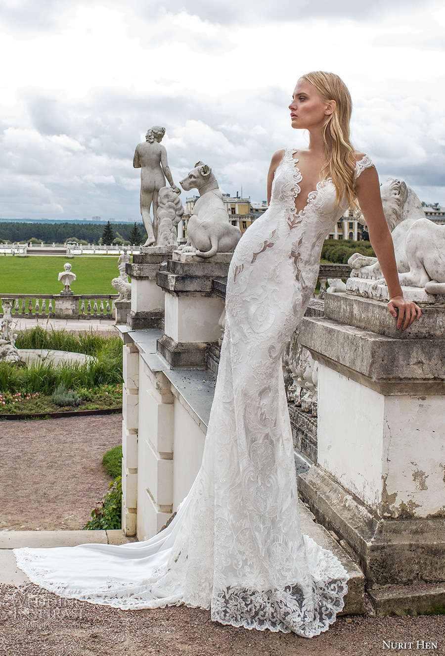 nurit hen 2017 bridal sleeveless deep plunging v neck full embellishment elegant sheath fit and flare wedding dress open v back royal train (10) mv