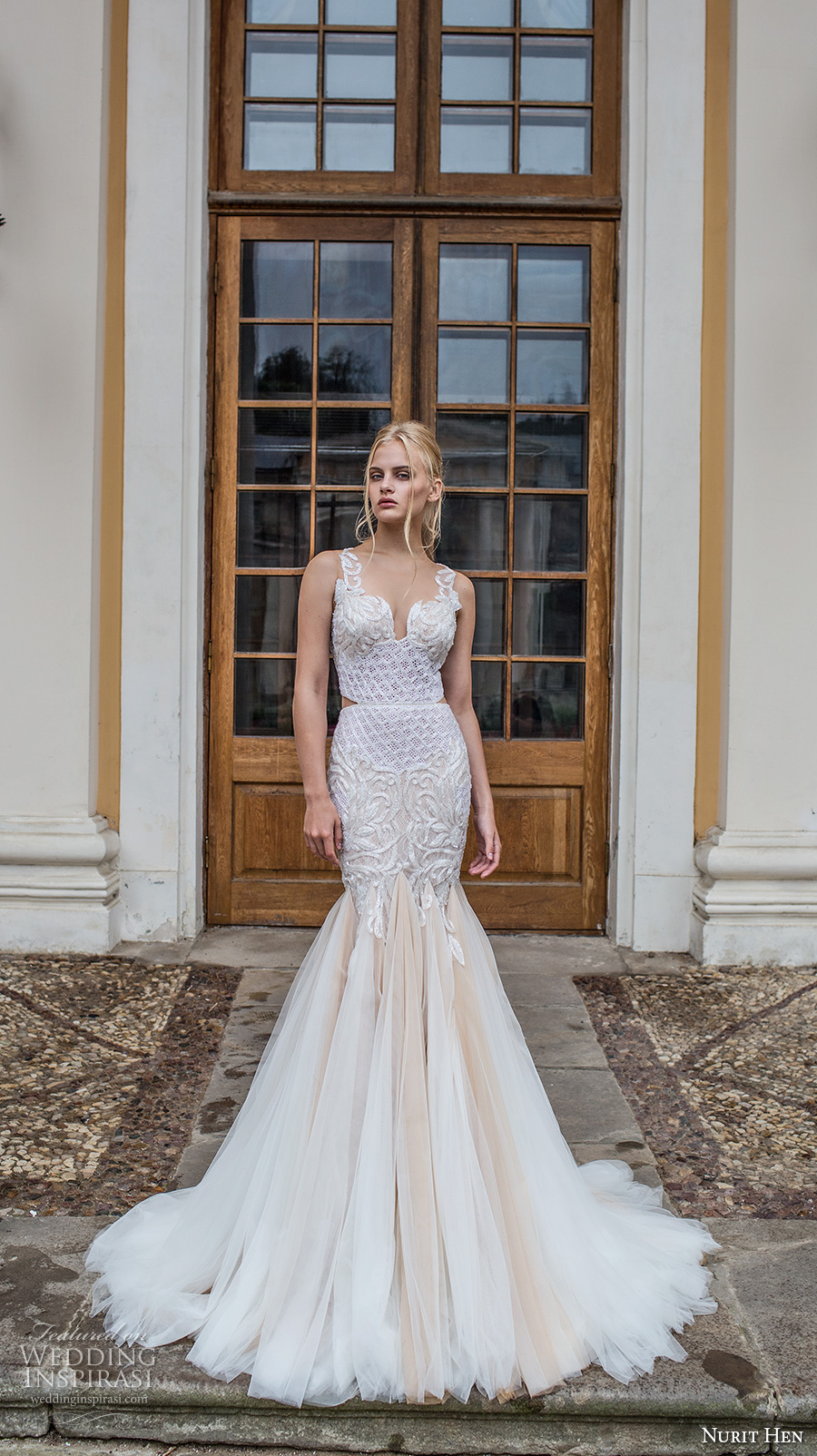 nurit hen 2017 bridal sleeveless sweetheart neckline fully embellished bodice tulle skirt elegant glamorous mermaid wedding dress illusion lace back chapel train (17) mv