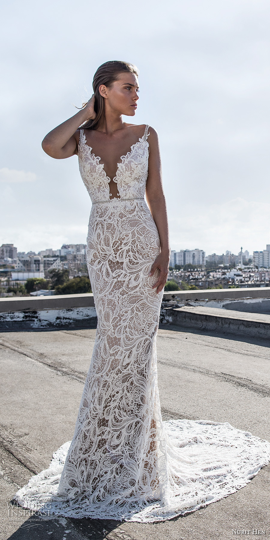 nurit hen 2017 bridal thin strap deep plunging v neck full embellishment sexy elegant sheath wedding dress chapel train (24) mv