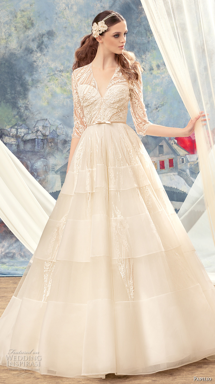 papilio 2017 bridal half sleeves illusion v sweetheart neckline heavily embellished bodice layered skirt romantic a  line wedding dress covered lace back sweep train (cedarbird) mv