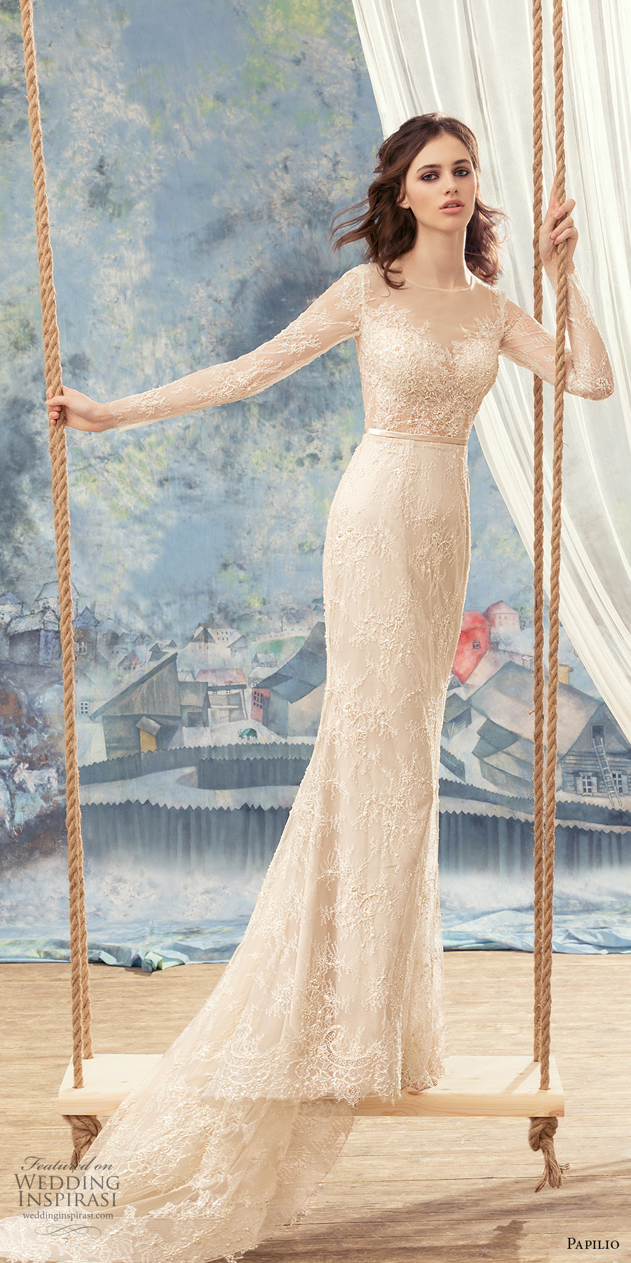 papilio 2017 bridal long sleeves illusion bateau sweetheart neckline full embellishment elegant sheath wedding dress sheer back short train (hawk) mv