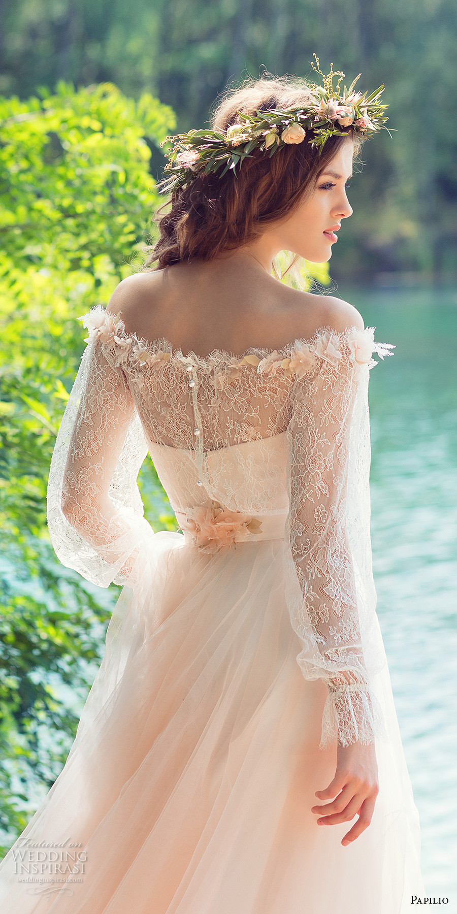 papilio 2017 bridal long sleeves off the shoulder sweetheart neckline heavily embellished bodice peach color romantic a  line wedding dress chapel train (cockatiel) zbv