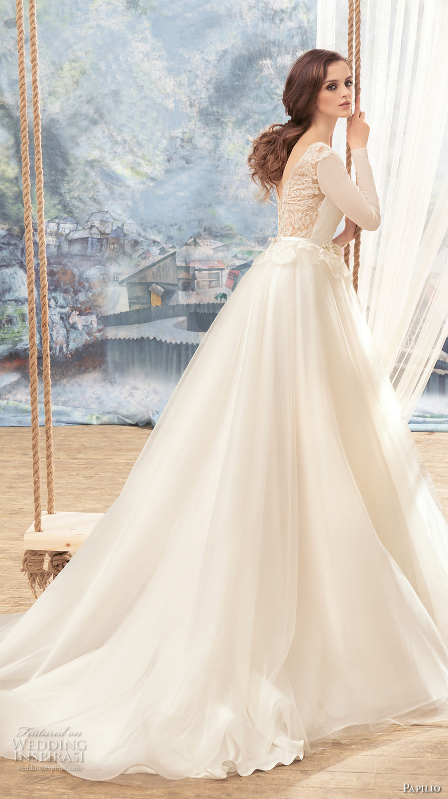 papilio 2017 bridal long sleeves scoop neckline lightly embellished bodice tulle skirt romantic a  line wedding dress v back chapel train (swan) bv