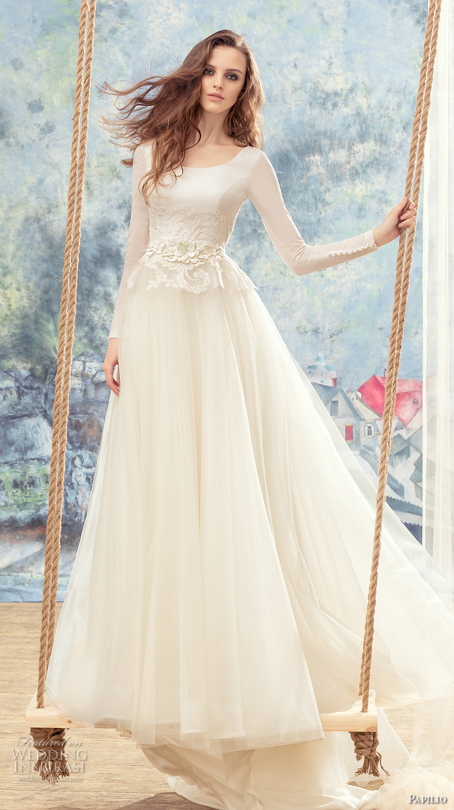 papilio 2017 bridal long sleeves scoop neckline lightly embellished bodice tulle skirt romantic a  line wedding dress v back chapel train (swan) mv