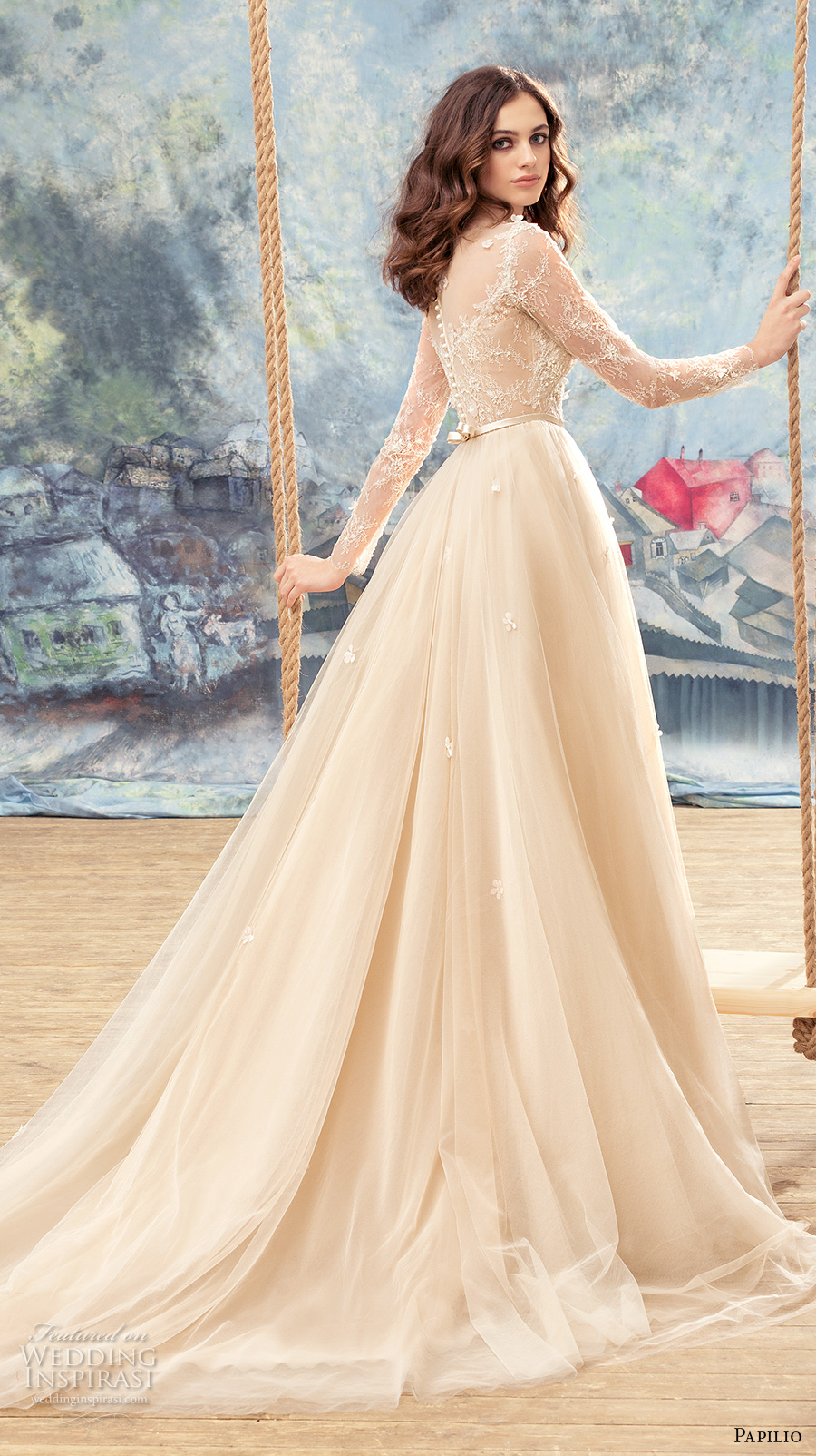 papilio 2017 bridal long sleeves sheer bateau sweetheart neckline heavily embellished bodice ivory color romantic a  line wedding dress sheer back chapel train (crane) bv