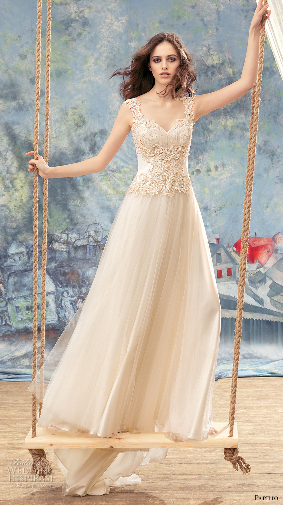 papilio 2017 bridal sleeveless thick embroidered strap sweetheart neckline heavily embellished bodice romantic modified a  line wedding dress sheer back chapel train (trogon) mv