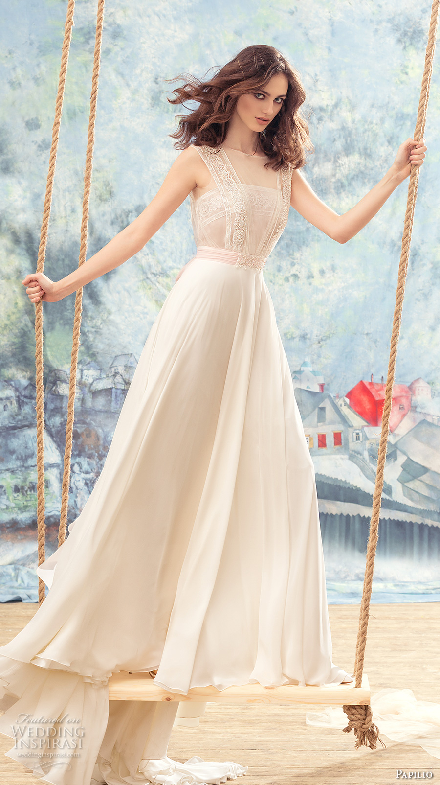 papilio 2017 bridal sleeveless thick strap straight across neckline heavily embellished bodice romantic modified a  line wedding dress chapel train (oriole) mv