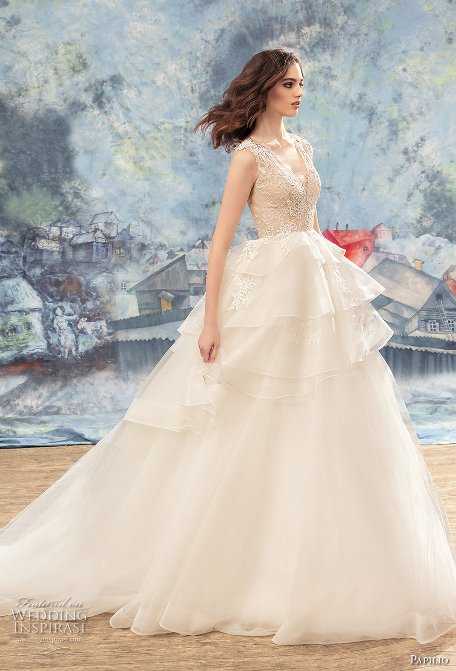 papilio 2017 bridal sleeveless v neck heavily embellished bodice layered skirt princess ball gown wedding dress covered lace back chapel train (peacock) mv