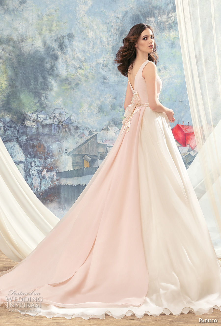 papilio 2017 bridal sleeveless v neck wrap over ruched bodice pink top princess ball gown a  line wedding dress v back chapel train (flamingo) bv