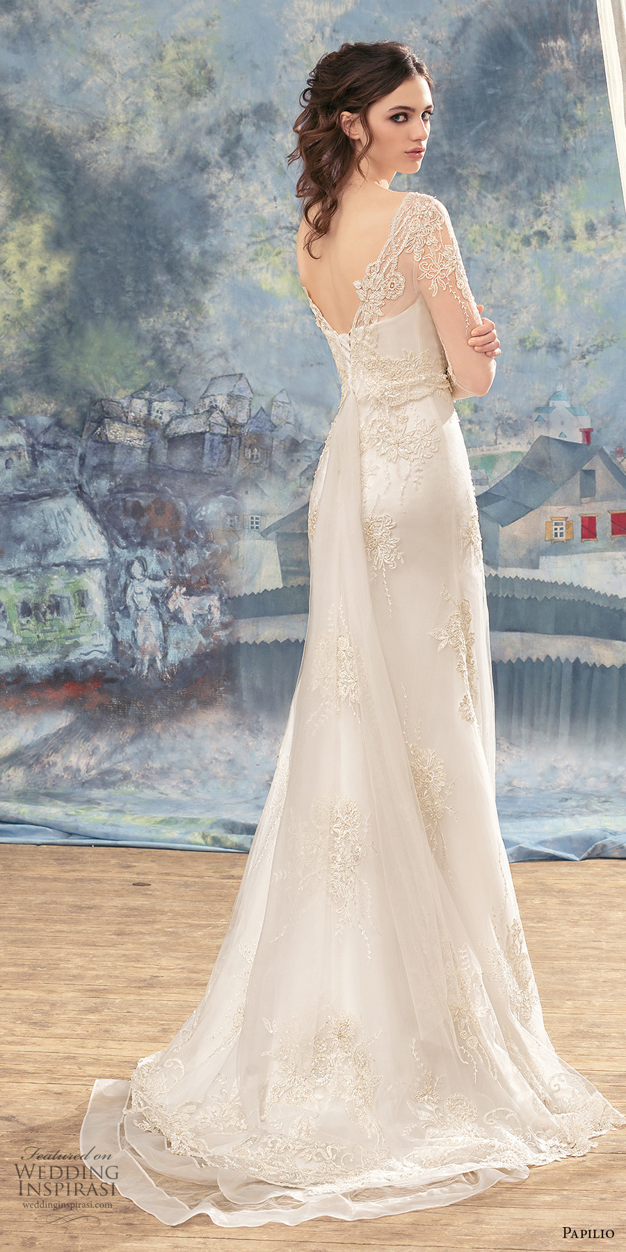 papilio 2017 bridal three quarter sleeves sheer bateau semi sweetheart neckline heavily embellished bodice elegant sheath wedding dress short train (halcyon) bv