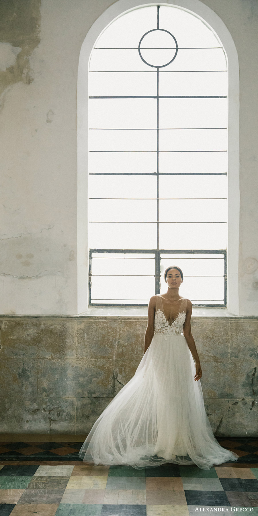 alexandra grecco fall 2017 bridal sleeveless vneck illusion sheer bodice a line wedding dress (isla) mv