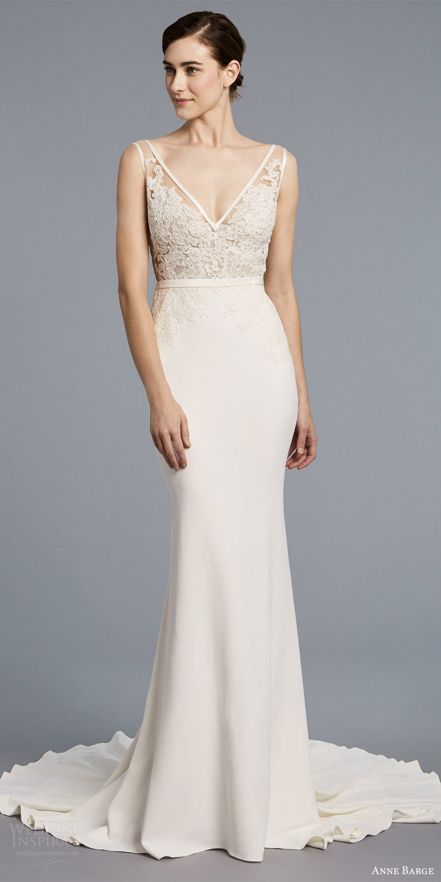 anne barge spring 2018 bridal sleeveless illusion straps v neck sheer lace bodice sheath wedding dress (angelica) mv